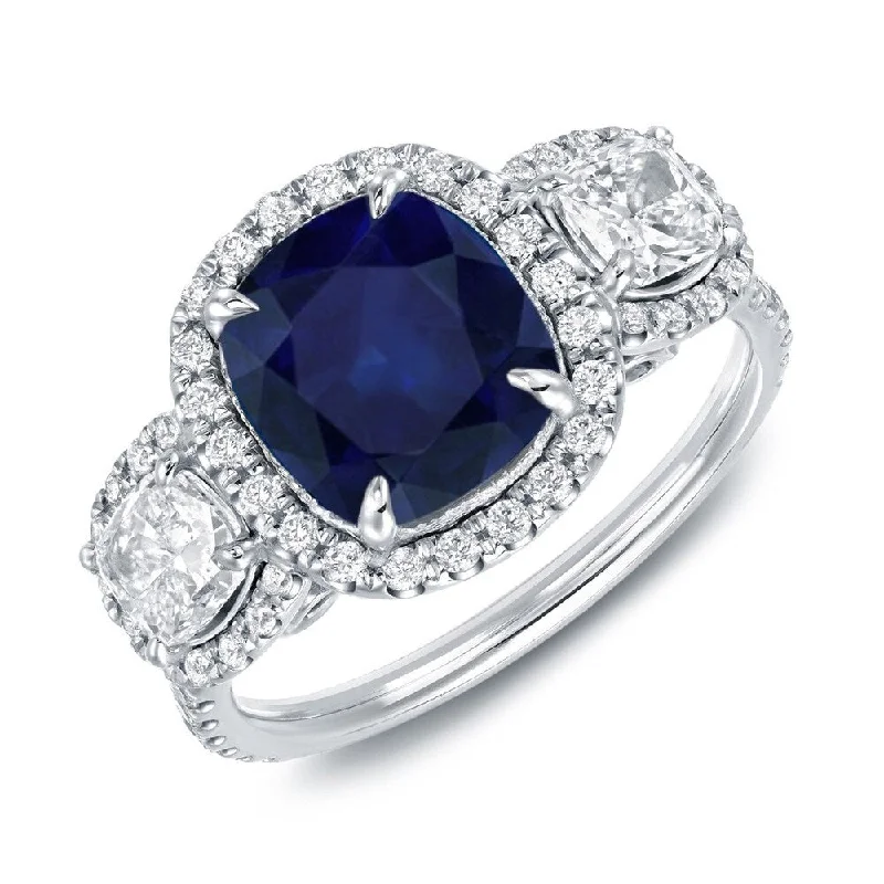 Ladies simple engagement rings-Auriya 3ct Cushion Cut Blue Sapphire and 1 2/5ctw Halo Diamond Engagement Ring 14k White Gold (H-I, SI1-SI2)