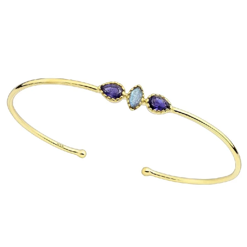 Ladies diamond bangles-Sterling Silver & Gold Plated Purple Teardrop & Labradorite Cuff Bracelet