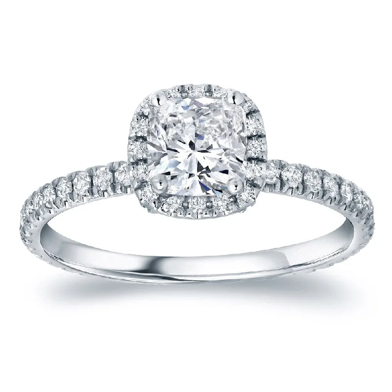 Ladies yellow gold engagement rings-Auriya Platinum 1 1/2ctw Cushion-cut Halo Diamond Engagement Ring Certified