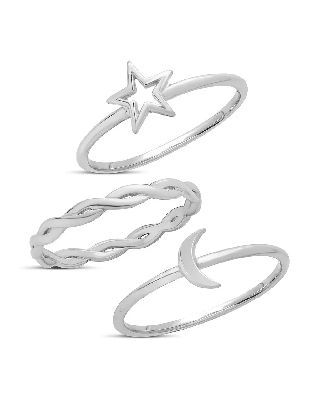 Ladies engraved rings-Sterling Silver Celestial Stacking Ring Set of 3