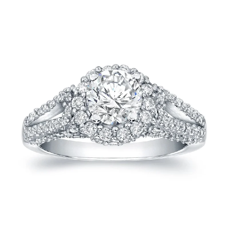 Ladies elegant three-stone engagement rings-Auriya Unique 1 1/2ct TDW Round Diamond Halo Engagement Ring 14k White Gold