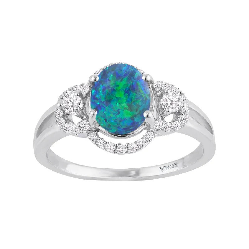 Ladies cushion halo engagement rings-Sterling Silver with Blue Opal and White Zircon Engagement Ring