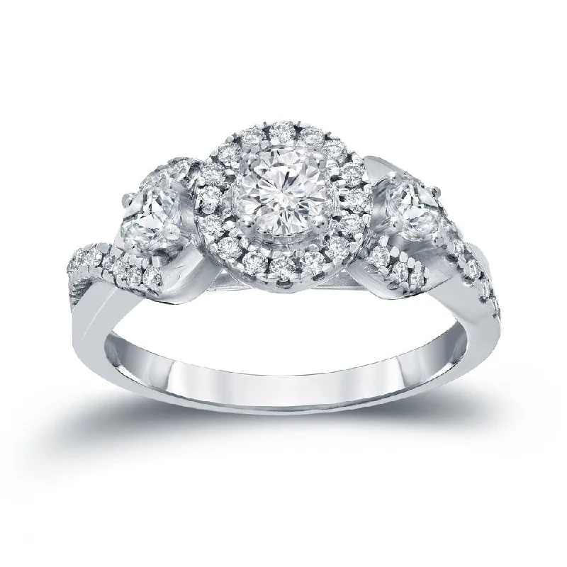 Ladies engagement rings with unique settings-Auriya Unique 3-stone Diamond Halo Engagement Ring 3/5ct TDW 14k Gold (H-I, I1-I2)