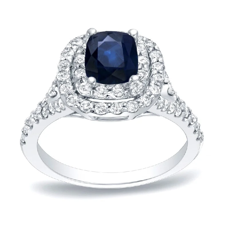 Ladies princess cut engagement rings-Platinum 1/2ct Cushion-Cut Blue Sapphire and 3/4ct TDW Diamond Halo Engagement Ring (H-I, SI1-SI2)