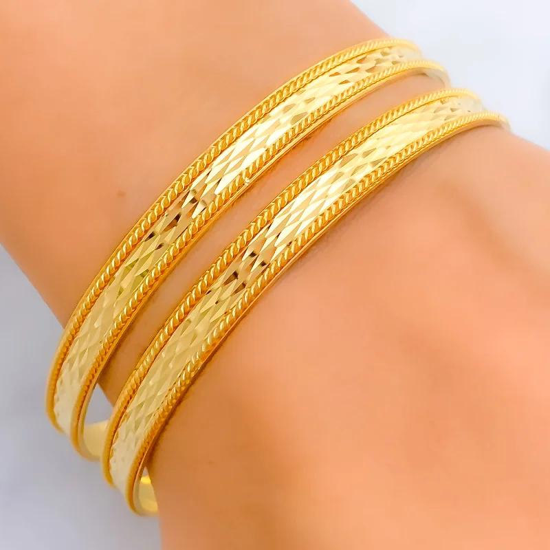 Ladies leather bracelets-Textured Striking Bright 21k Gold Bangles