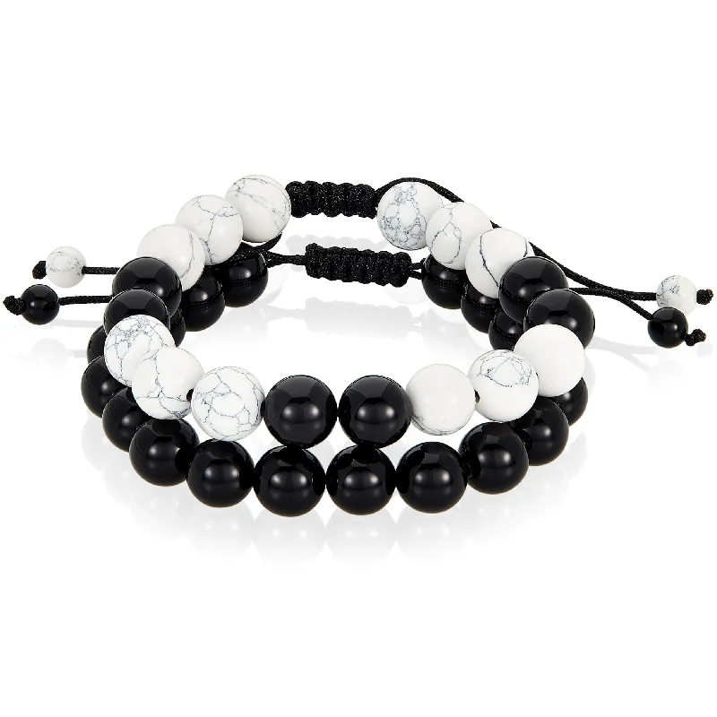 Ladies rubber bracelets-Men's Howlite and Onyx Stone Adjustable Bracelet Set