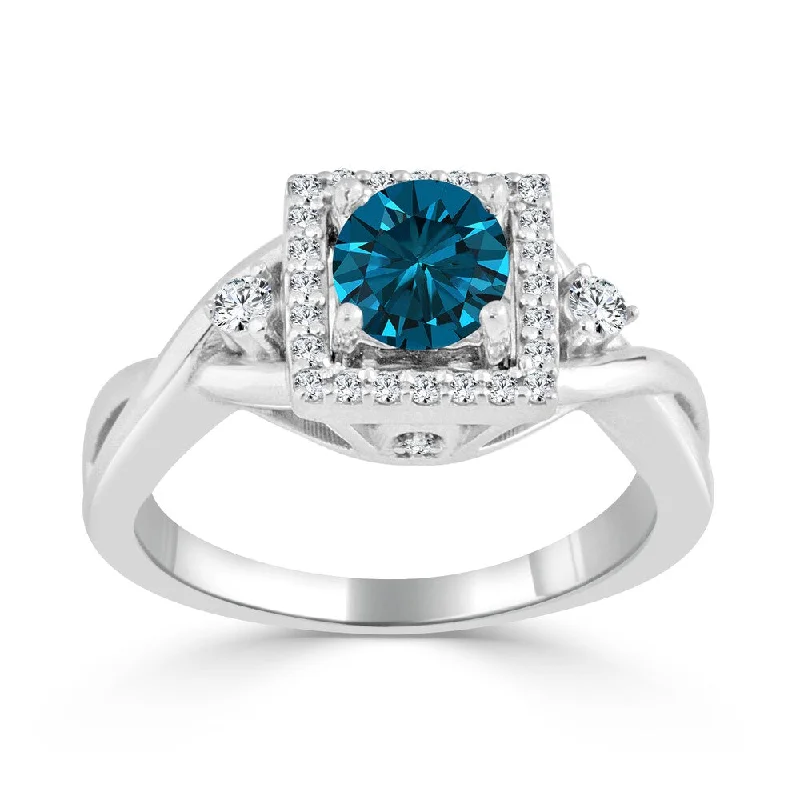 Ladies classic engagement rings-Auriya Modern 3/4ctw Square Halo Blue Diamond Engagement Ring 14k Gold