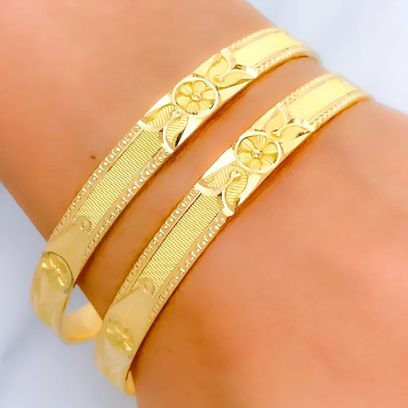 Ladies vintage bracelets-Attractive Etched Flower Accented 22k Gold Bangles