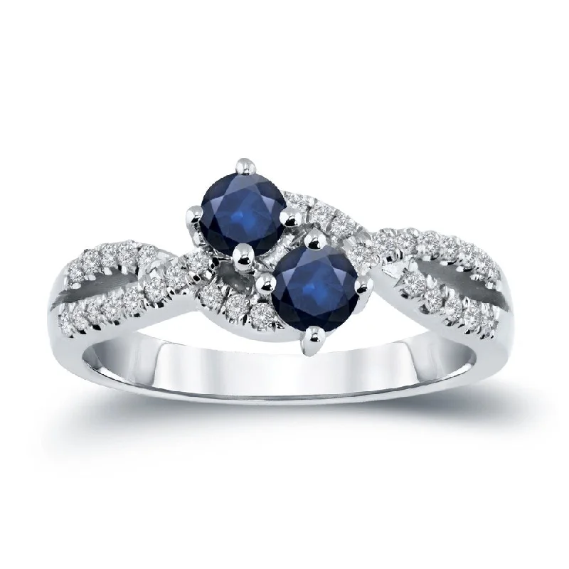 Ladies split-shank engagement rings-14k Gold Two Stone Round 1/2ct Blue Sapphire and 1/4ct TDW Diamond Engagement Ring