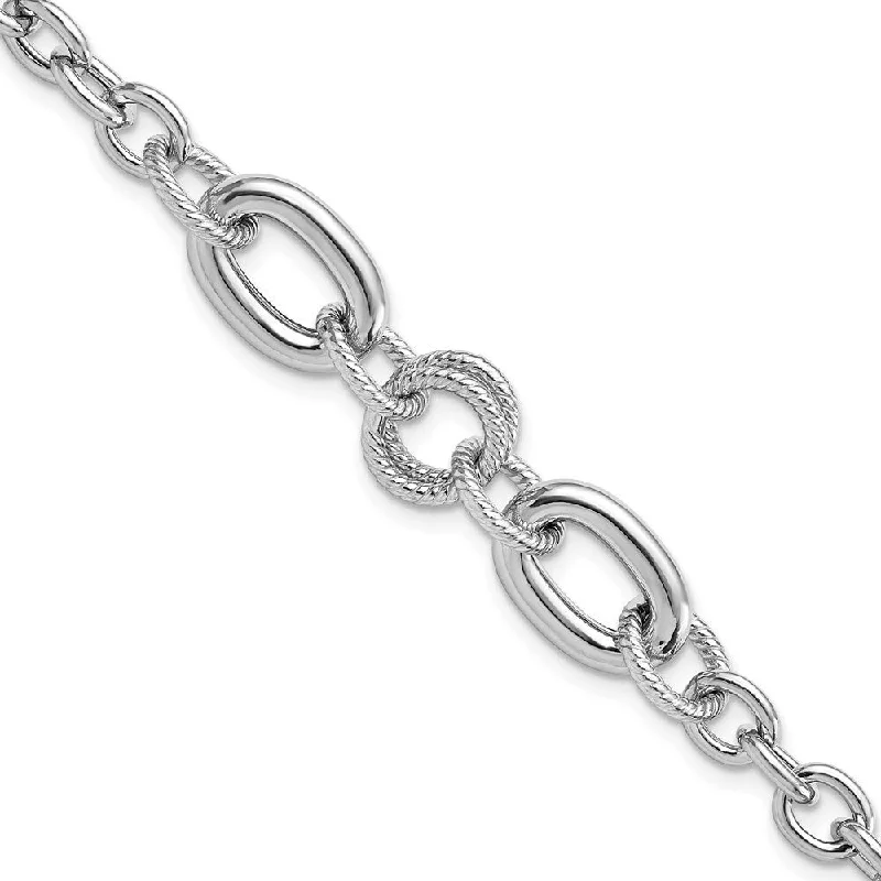 Ladies bangle bracelets-925 Sterling Silver Rhodium-plated Fancy Textured Link Bracelet, 7.75" (W-10.2mm)