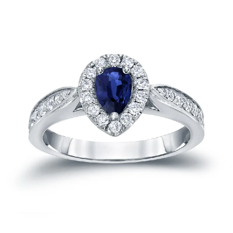 Ladies emerald engagement rings with diamonds-Auriya 1/2ct Pear Shaped Blue Sapphire and 1/4ctw Halo Diamond Engagement Ring 14kt Gold (H-I, I1-I2)