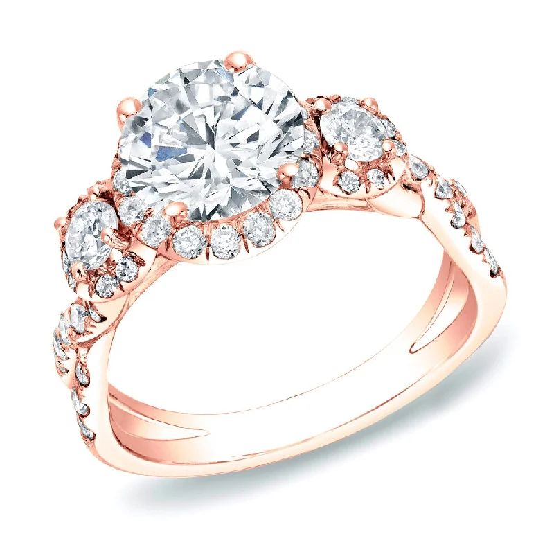 Ladies art deco engagement rings-Auriya 14k Rose Gold 2ctw Twisted 3-stone Halo Diamond Engagement Ring (H-I, SI1-SI2)