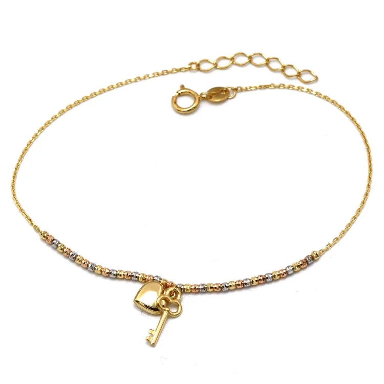 Ladies elegant bangles-Real Gold 3 Color Beads Balls 1.5 MM Chain with Hanging Heart & Key Adjustable Size Bracelet 0475 (19 C.M) BR1795