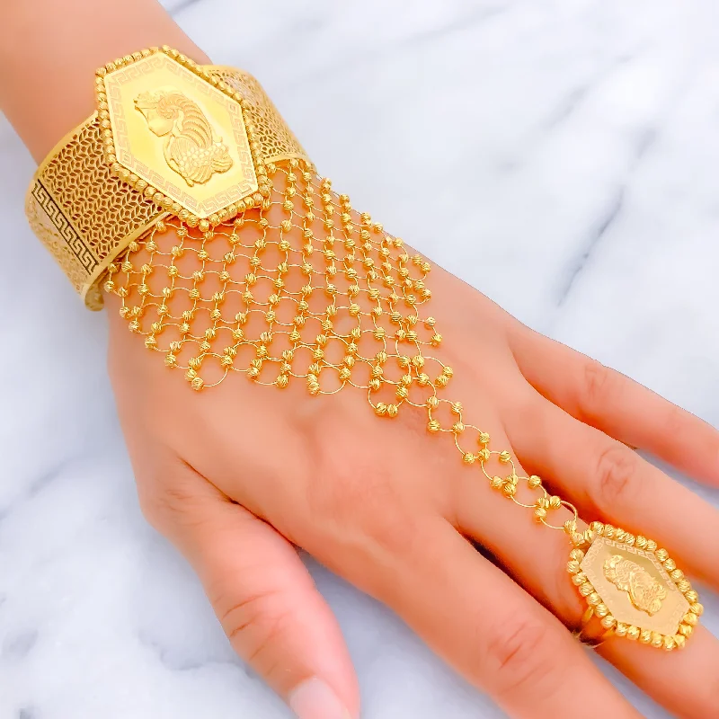 Ladies antique bracelets-Sculptural Hexagonal 21K Gold Panchangala Bangle Bracelet