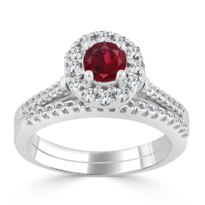 Ladies gemstone engagement rings-Auriya 2/5ct Red Ruby Gemstone Halo Diamond Engagement Ring 1/3cttw 14k Gold