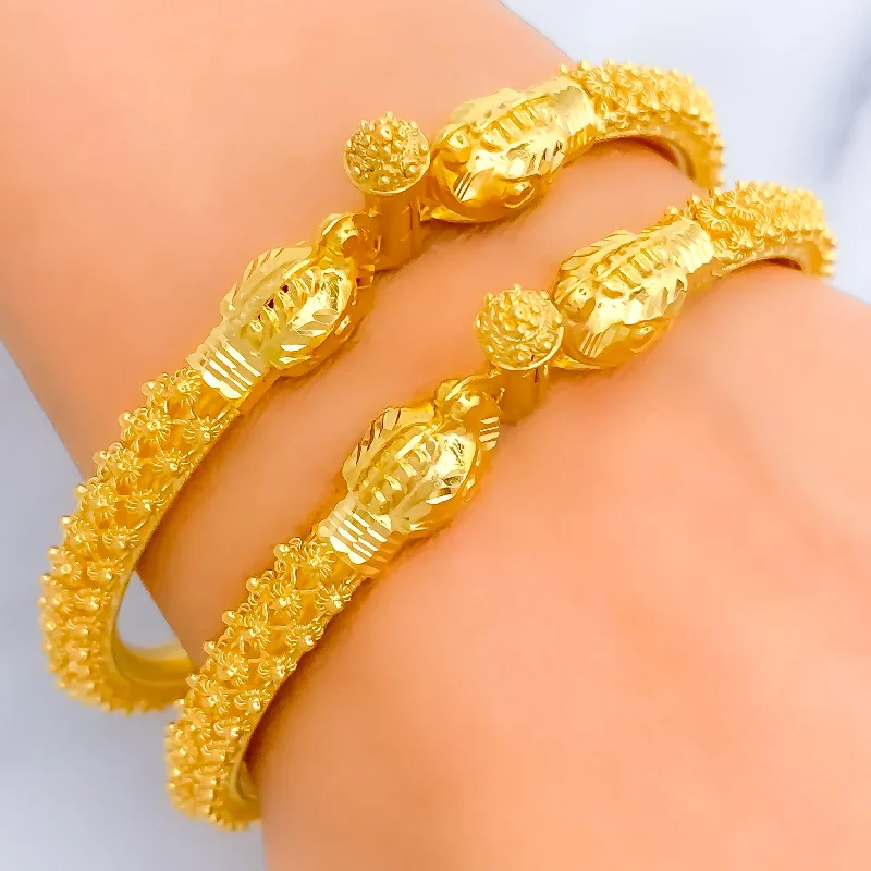 Ladies charm bracelets-Posh Multi-Bead Flower 22k Gold Pipe Bangles