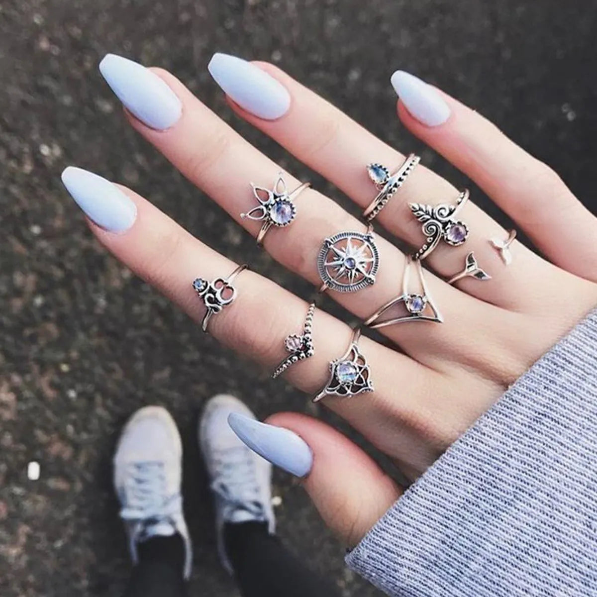 Ladies turquoise rings-Wholesale Jewelry Geometry Ship Rudder Cross Leaf Gemstone 9-piece Set Ring Gooddiy