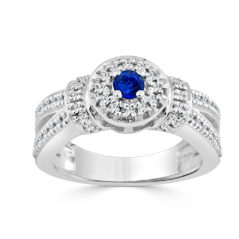 Ladies gold engagement rings-14k Gold 1/6ct Blue Sapphire and 2/5ct TDW Diamond Halo Engagement Ring by Auriya