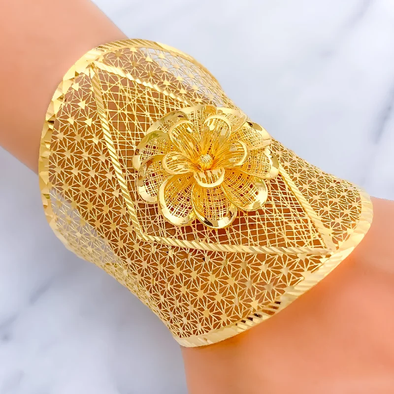 Ladies elegant bangles-Captivating Regal 3D Flower 21K Gold Bangle Bracelet