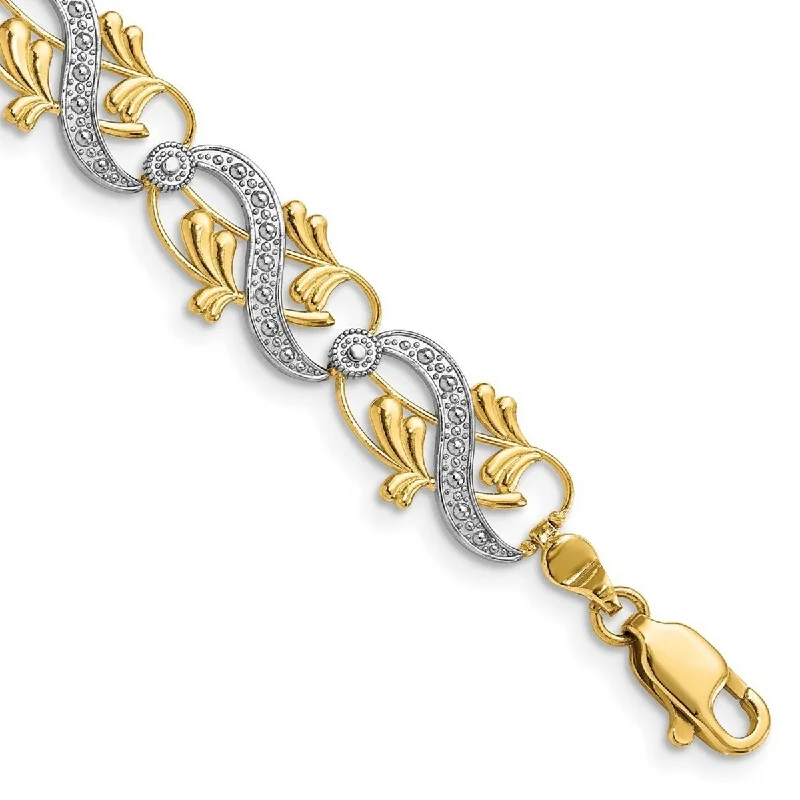 Ladies double bangles-Curata 14k Yellow Gold D C White Dots Connecting Sash and Leaves Two color Bracelet 7.5 Inch