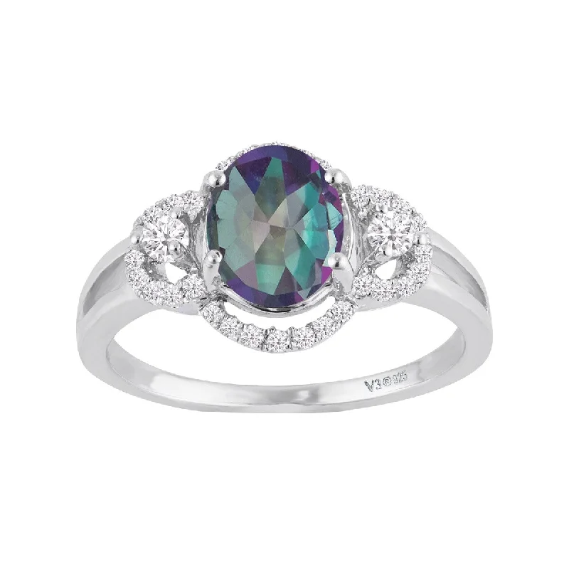 Ladies mixed metal engagement rings-Sterling Silver with Mystic Topaz and White Zircon Engagement Ring