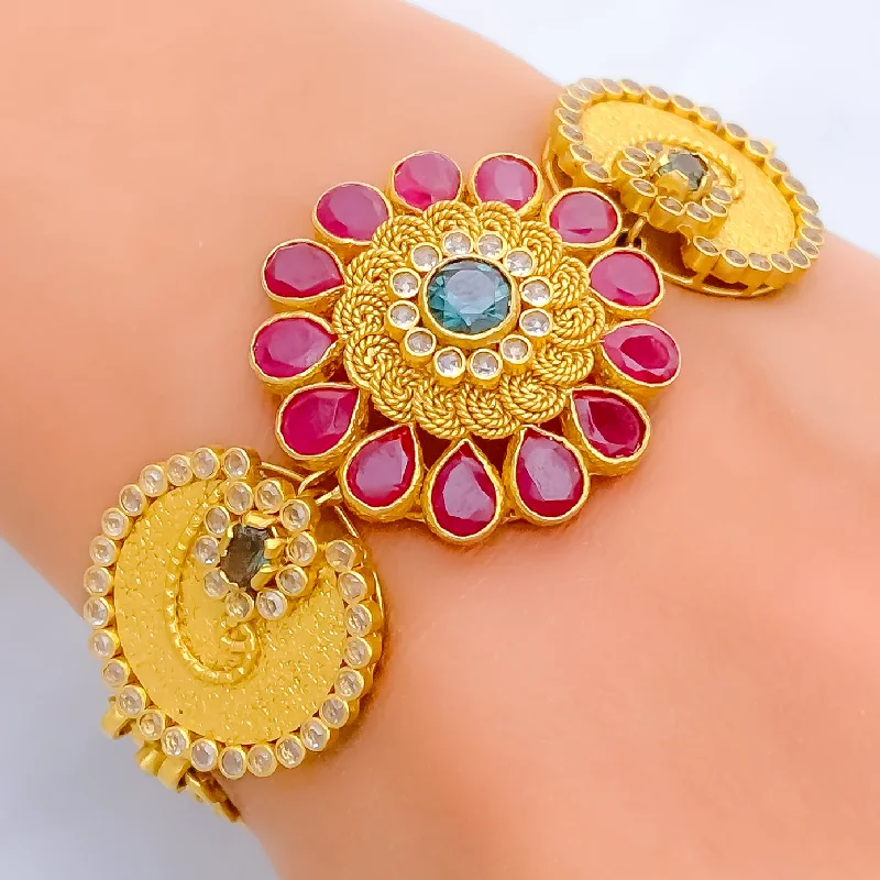 Ladies holiday bracelets-Traditional Flower 22k Gold Antique Bangle Bracelet