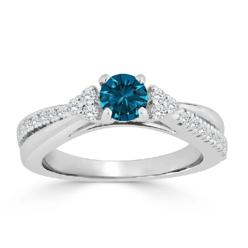 Ladies rustic engagement rings-Auriya Round 3/4ctw Blue Diamond Engagement Ring 14k Gold