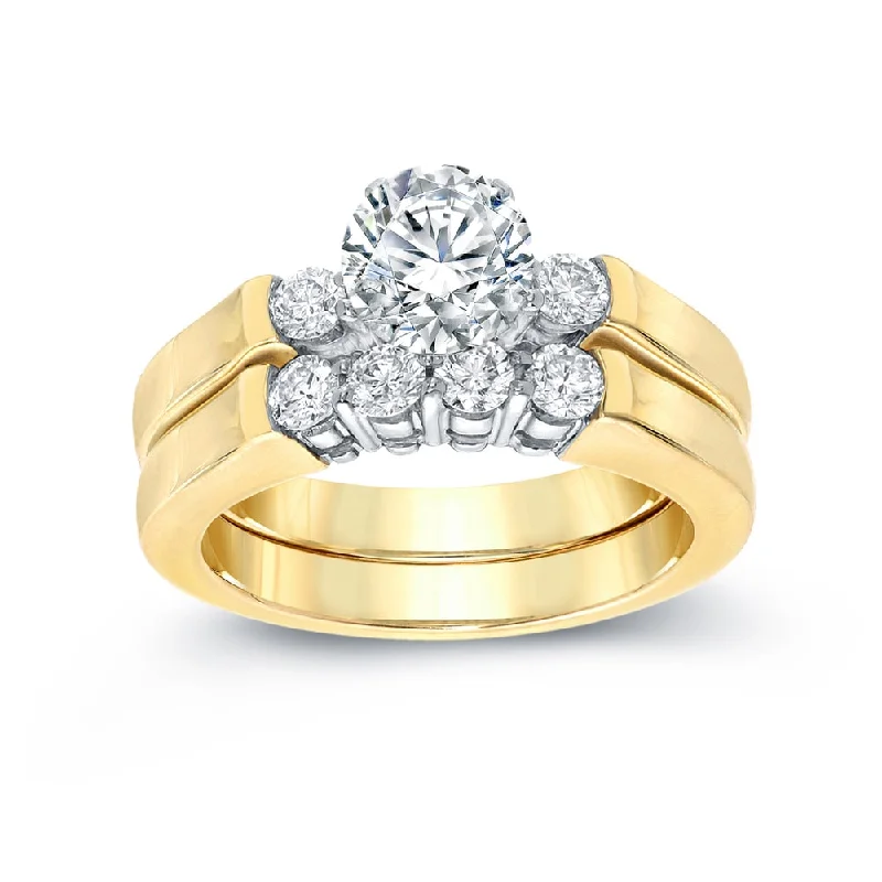 Ladies white gold engagement rings-Auriya 14k Gold 1 1/2ctw 3-Stone Diamond Engagement Ring Set 14k Two-Tone Gold Certified