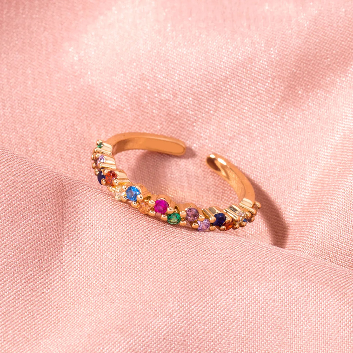 Ladies contemporary rings-Simple Style Rainbow Zircon Adjustable Opening Ladies Copper Ring