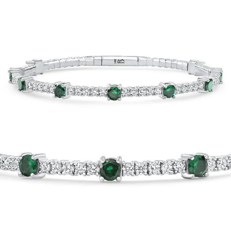 Ladies pearl bangles-5Ct Emerald & Diamond Diamond Tennis Flexi Bangle Bracelet White Gold Lab Grown