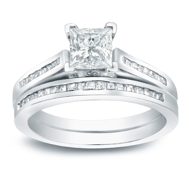 Ladies matching wedding rings and engagement rings-Auriya Platinum 1 1/2ctw Princess-cut Diamond Engagement Ring Set