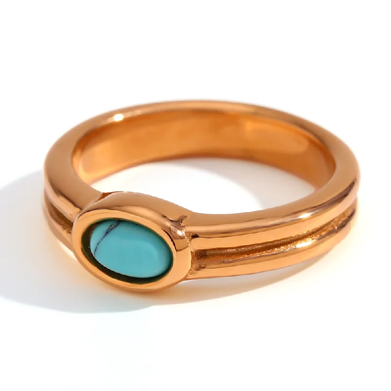 Fine Circle Horizontal Stripe Natural Stone Ring-Turquoise