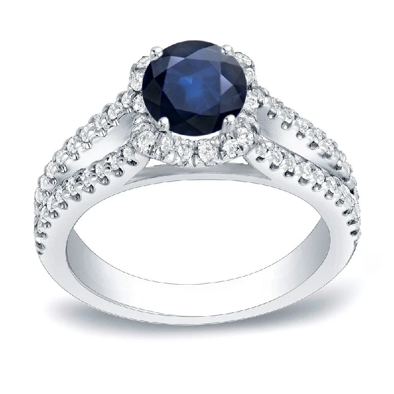 Ladies vintage-style engagement rings-Platinum Round 3/4ct Sapphire and 1/2ct TDW Diamond Halo Engagement Ring by Auriya