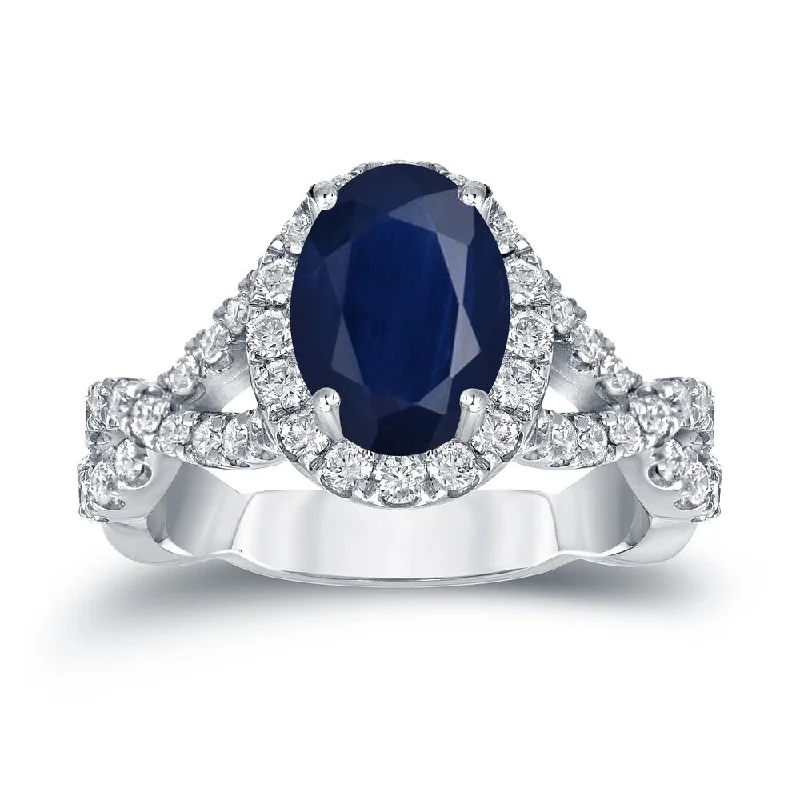 Ladies emerald cut engagement rings-Auriya Platinum 1 1/2ct Blue Sapphire Oval Halo Diamond Engagement Ring 3/5ctw