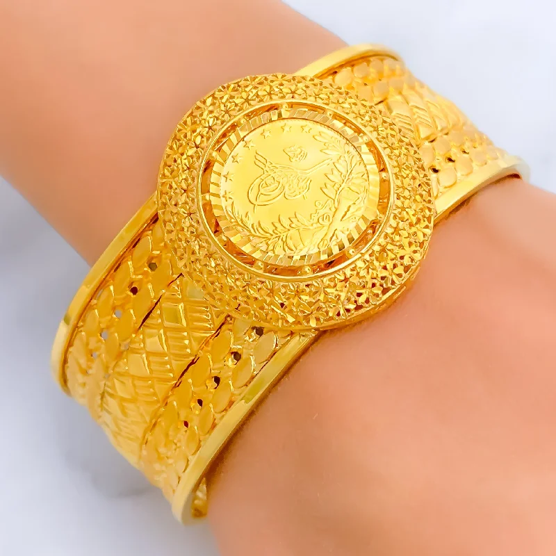 Ladies personalized bracelets-Majestic Glowing 21k Statement Bangle Bracelet