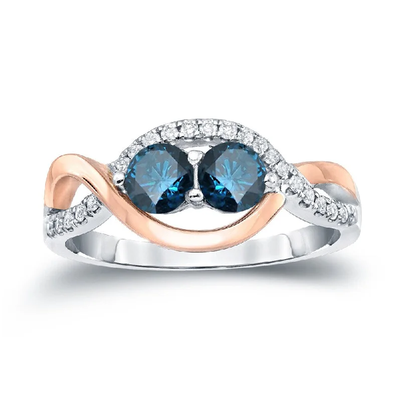 Ladies platinum three-stone engagement rings-Auriya 14k Two-Tone Gold 1ct TDW Round 2-Stone Blue Diamond Engagement Ring (H-I, SI2-SI3)