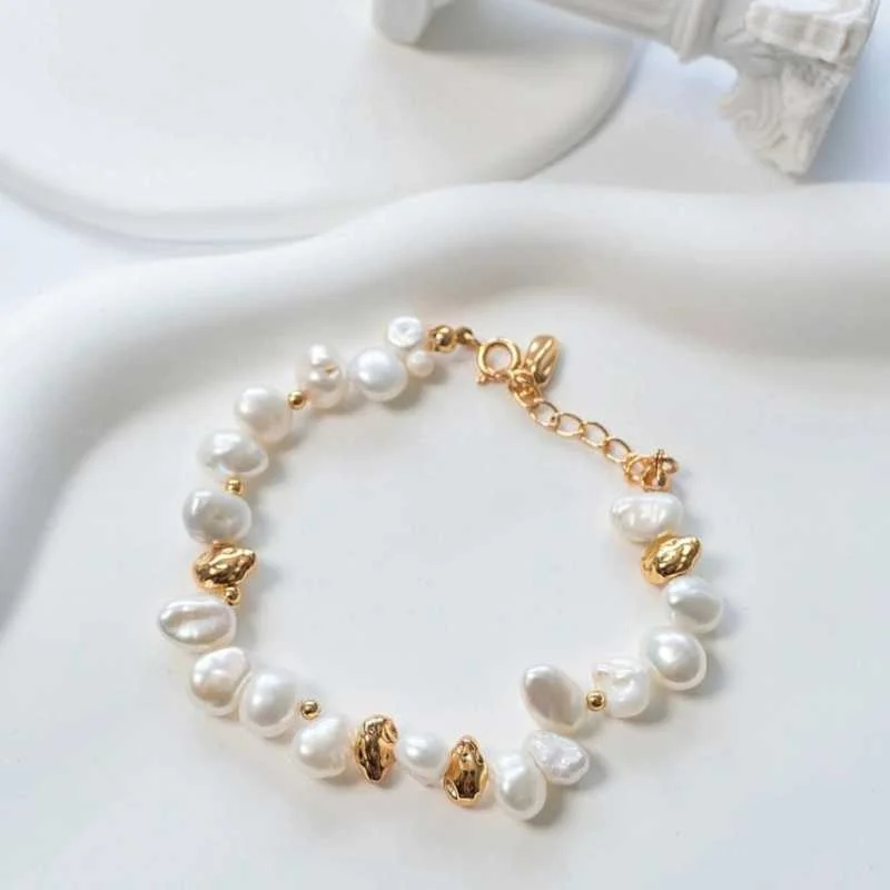 Ladies tennis bracelets-Beaded Baroque Pearl Bracelet-Gold Vermeil