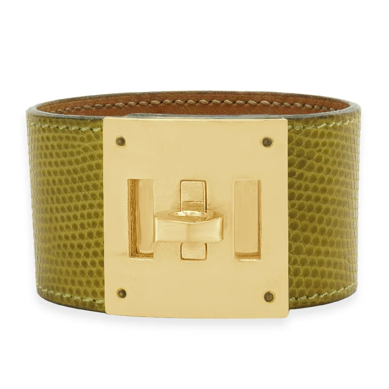 Ladies designer bangles-Hermes Kelly Dog Yellow Leather with Gold Plated Buckle Bracelet