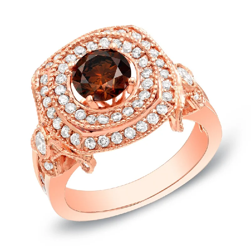 Ladies engagement rings with colored gemstones-14k Rose Gold Vintage Inspired 2ct TDW Double Halo Brown Diamond Engagement Ring by Auriya