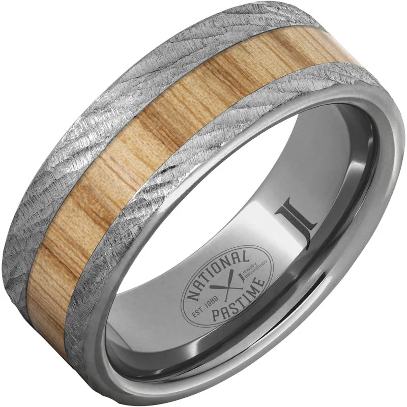 Ladies gold wedding bands-National Pastime Collection™ Rugged Tungsten™ Ring with White Ash Vintage Baseball Bat Wood Inlay and Bark Finish