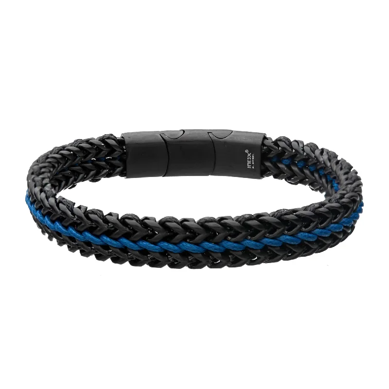 Ladies rose gold bracelets-Inox Blue Cord Bracelet with Black Plated Links