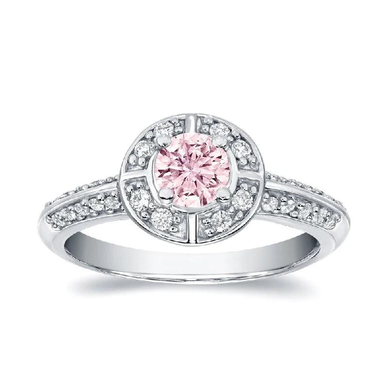 Ladies yellow gold engagement rings-Auriya 3/4ctw Natural Fancy Pink Diamond Halo Engagement Ring 14k White Gold