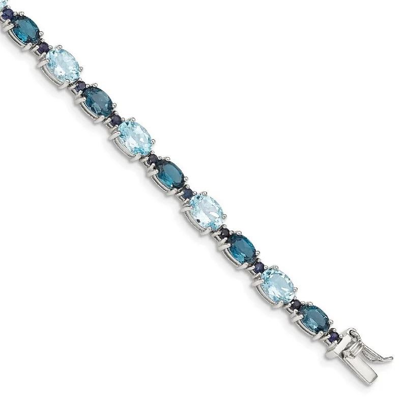 Ladies colorful stone bracelets-Curata 925 Sterling Silver Rhodium Plated Oval London Blue Sky Blue Topaz Bracelet 7.25 Inch