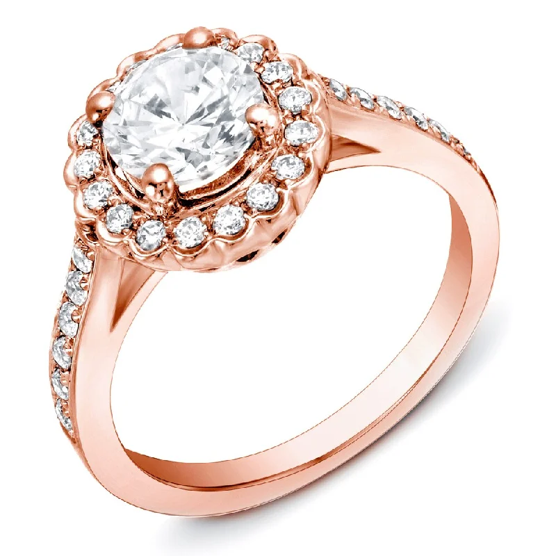 Ladies classic solitaire engagement rings-Auriya 14k Rose Gold 1 1/3ctw Round Halo Diamond Engagement Ring Certified