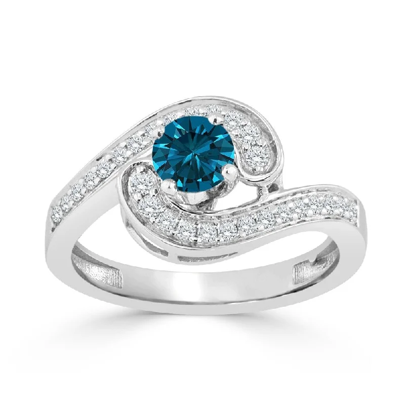 Ladies custom engagement rings-Auriya Bypass Swirl 3/4ctw Halo Blue Diamond Engagement Ring 14k Gold