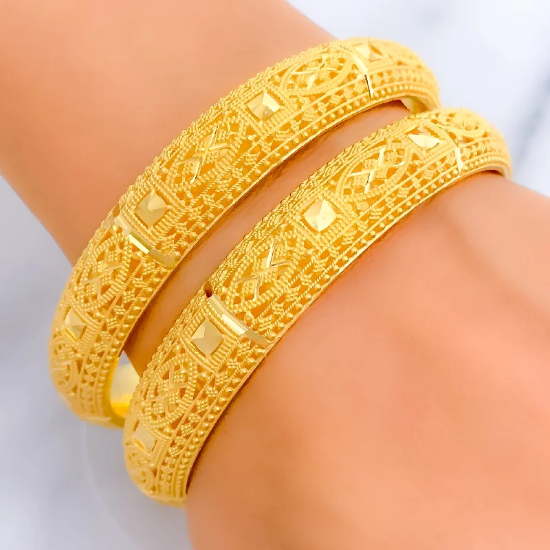 Ladies sterling silver cuff bracelets-Intricate Ornamental 21k Gold Netted Bangles