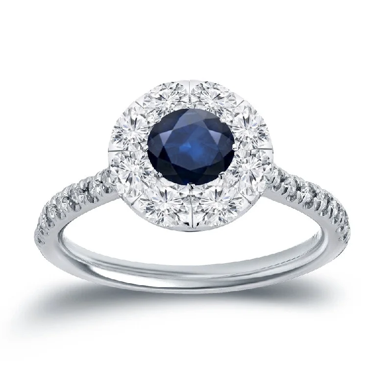 Ladies solitaire engagement rings-Auriya 1/2ct Blue Sapphire and 4/5ctw Halo Diamond Engagement Ring 14k Gold