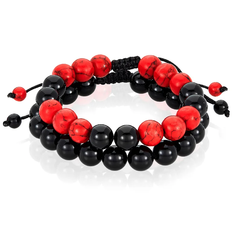 Ladies rhinestone bracelets-Men's Red Turquoise and Onyx Stone Adjustable Bracelet Set