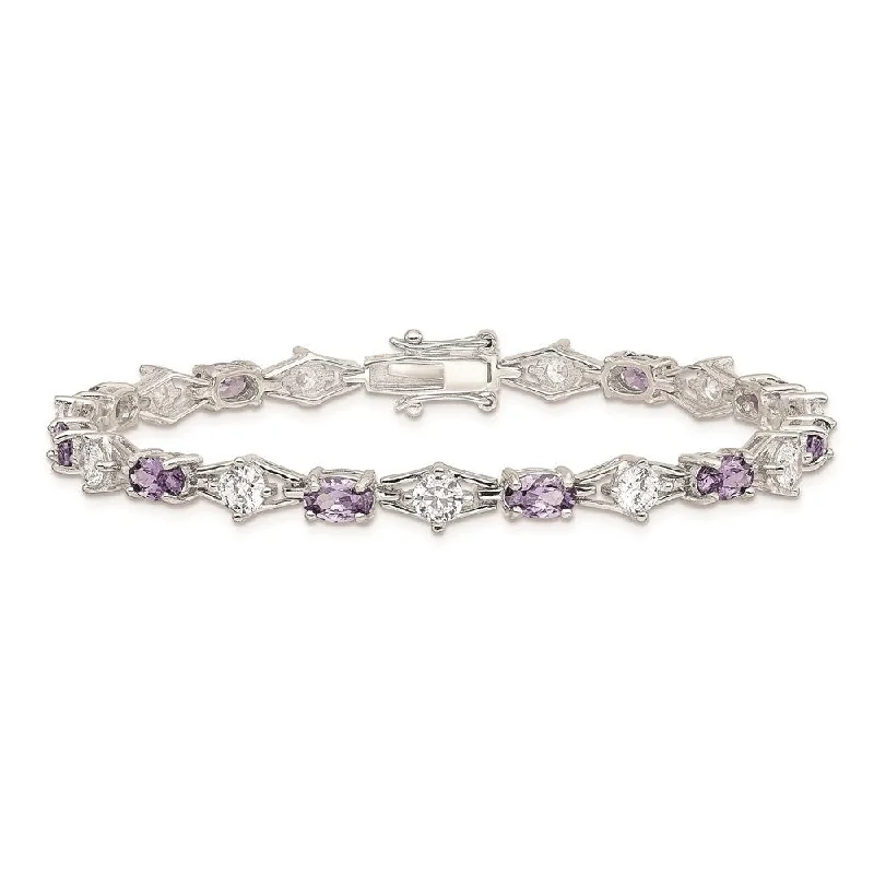 Ladies ruby bracelets-Diamond2Deal 925 Sterling Silver Purple and Clear Cubic Zirconia Bracelet, 7"