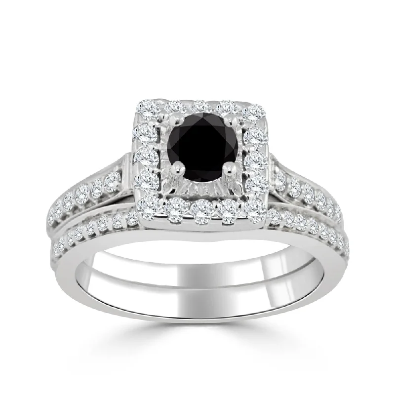 Ladies modern solitaire engagement rings-Auriya Round 1ctw Halo Black Diamond Engagement Ring Set 14k Gold